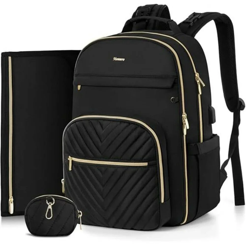 Large black diaper bag backpack quilted waterproof travel baby bag for mom dad